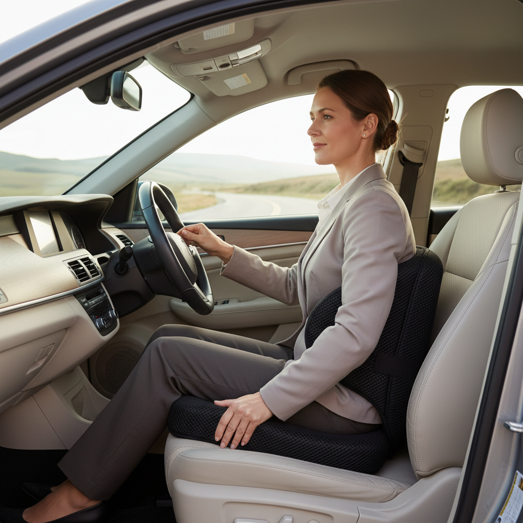 Driver adjusting lumbar support and seat cushion for back pain relief