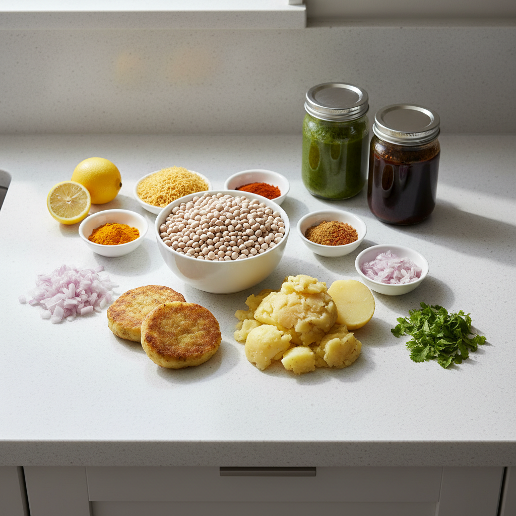 Ingredients for ragda pattice chaat laid out on a kitchen counter