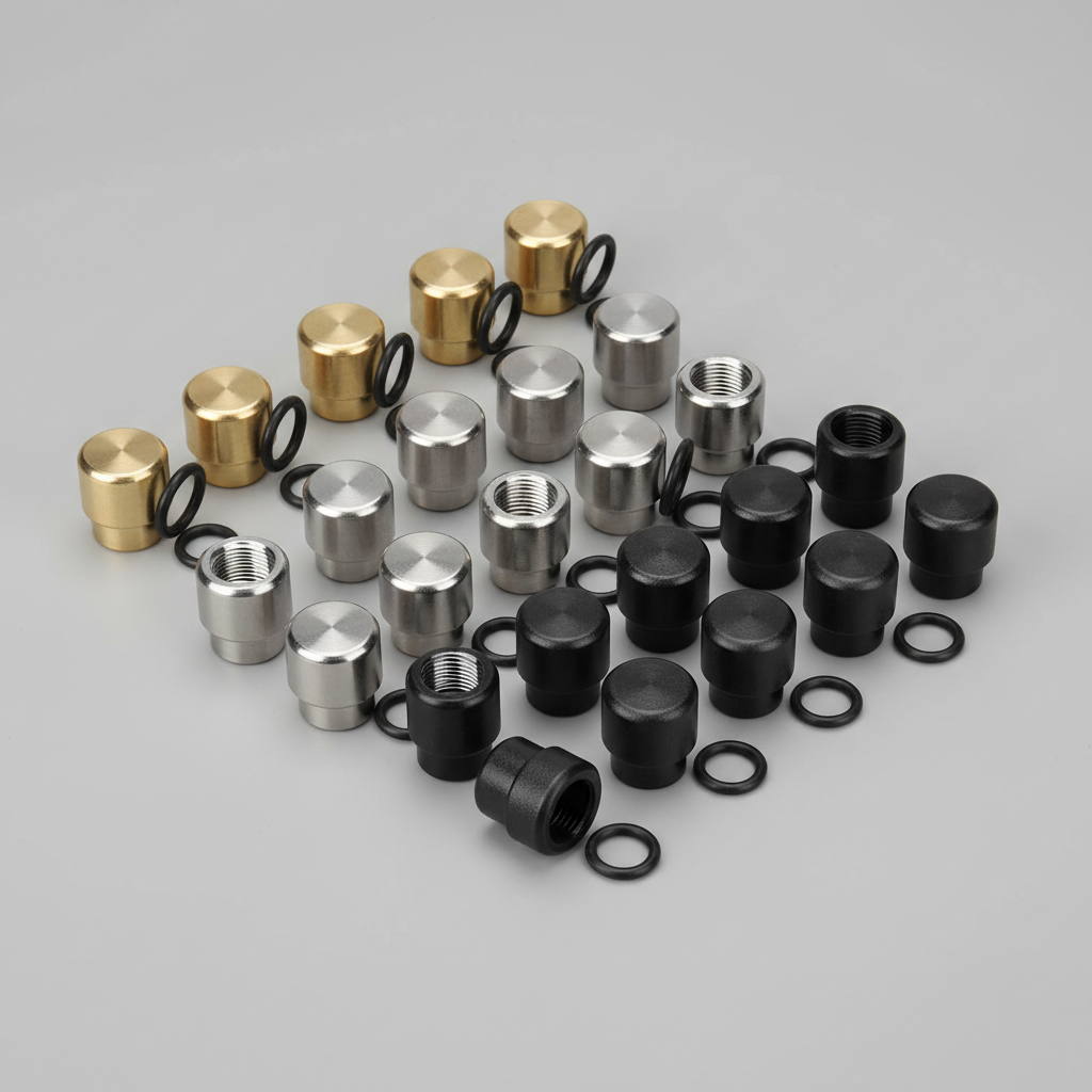 Tabletop view of brass, plastic, and stainless valve stem caps with rubber O-rings