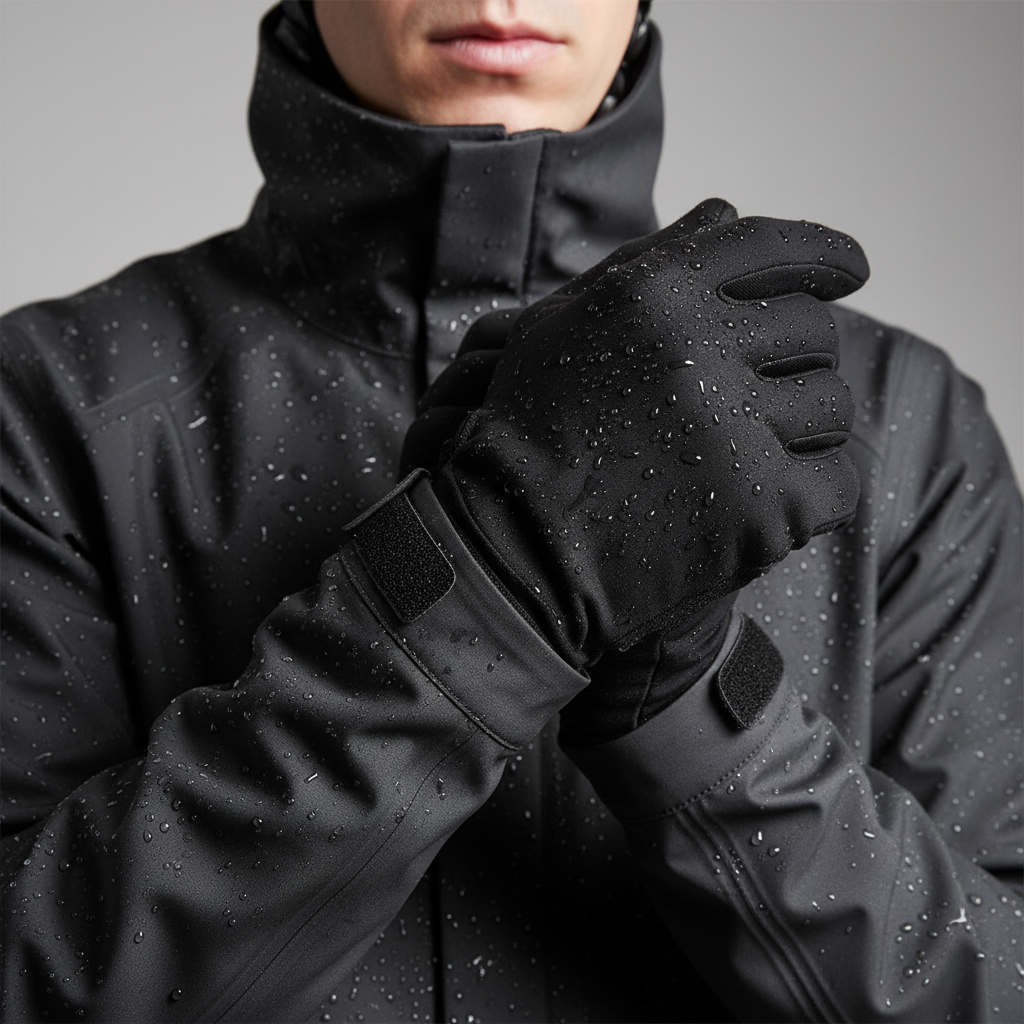 Close-up of waterproof cycling jacket cuffs and high collar blocking rain