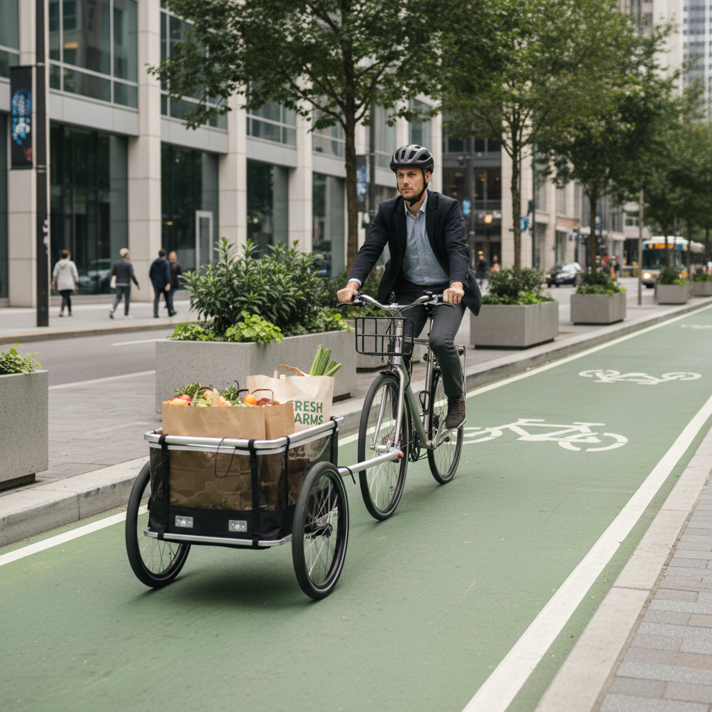 Bike towing a cargo trailer loaded with groceries on a city bike lane