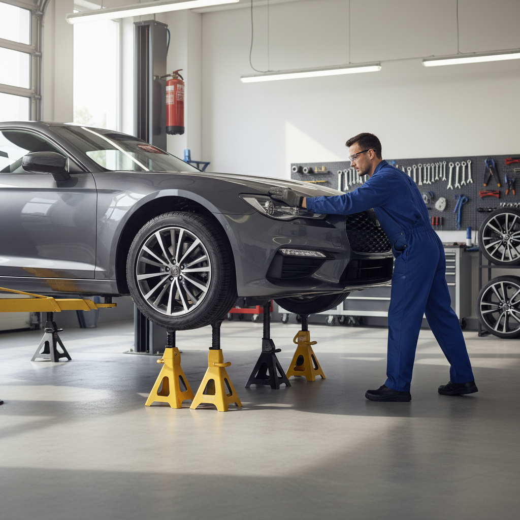 Person performing a safety shake test on a car supported by jack stands before working underneath
