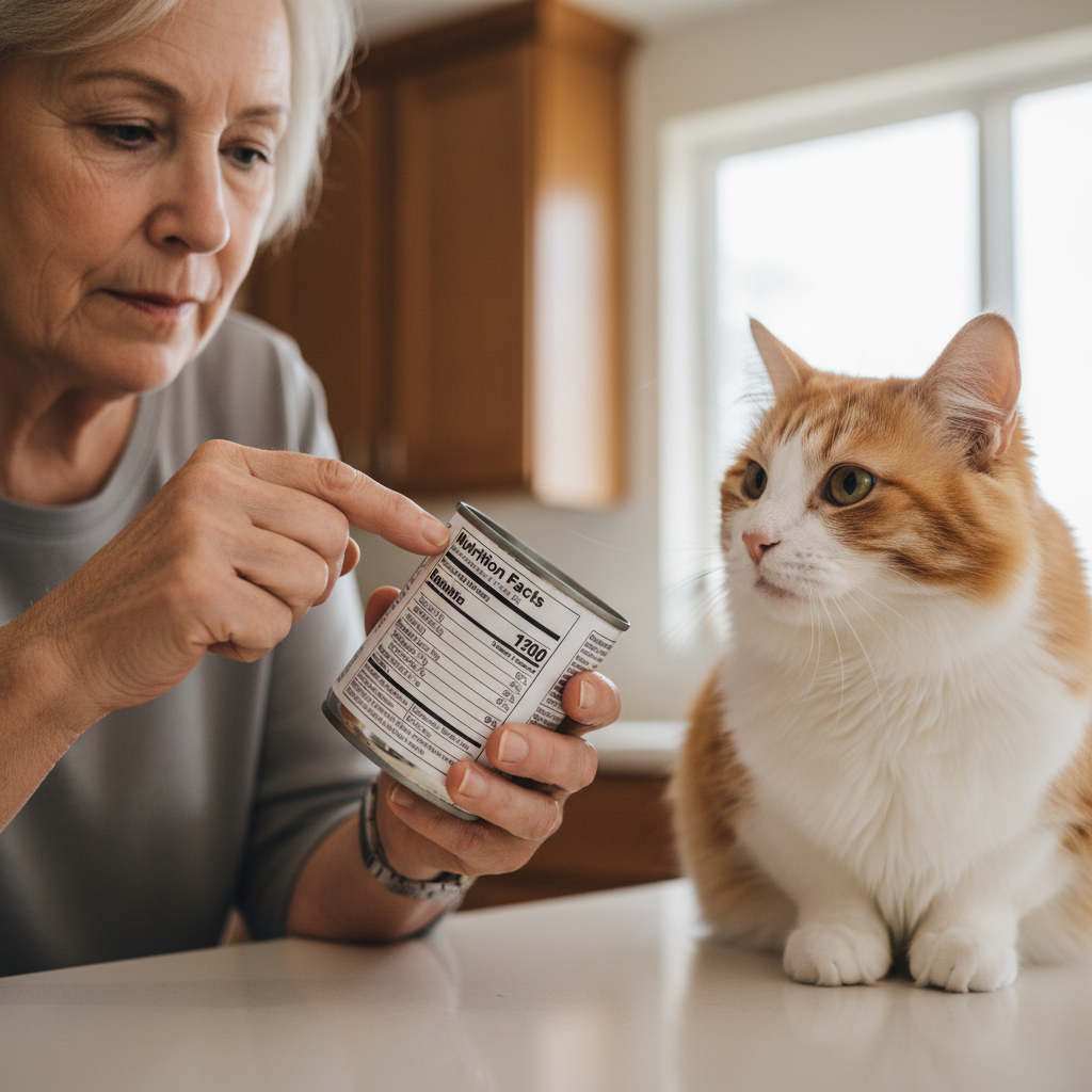 Person reading a cat food label and ingredient list for a senior cat diet