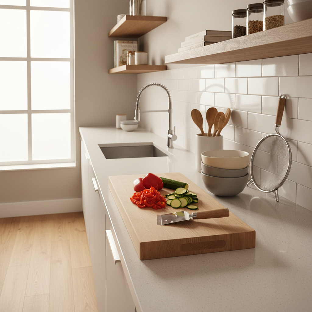 Small kitchen cooking workflow with minimal tools and clear prep zones