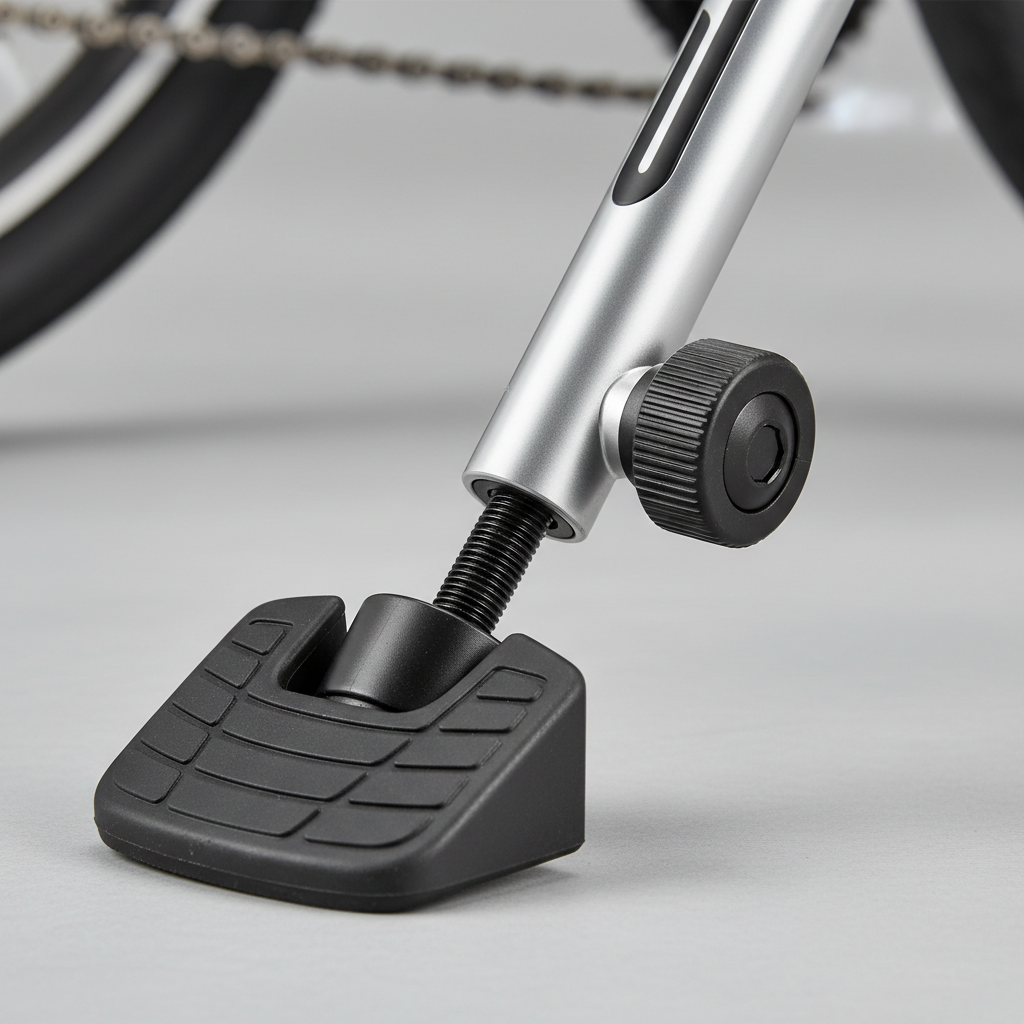 Wide kickstand foot and adjustable bolt detail for adult bike stability