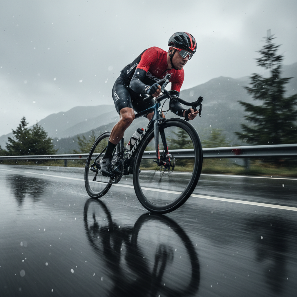 Cyclist descending a mountain road using disc brakes in wet conditions