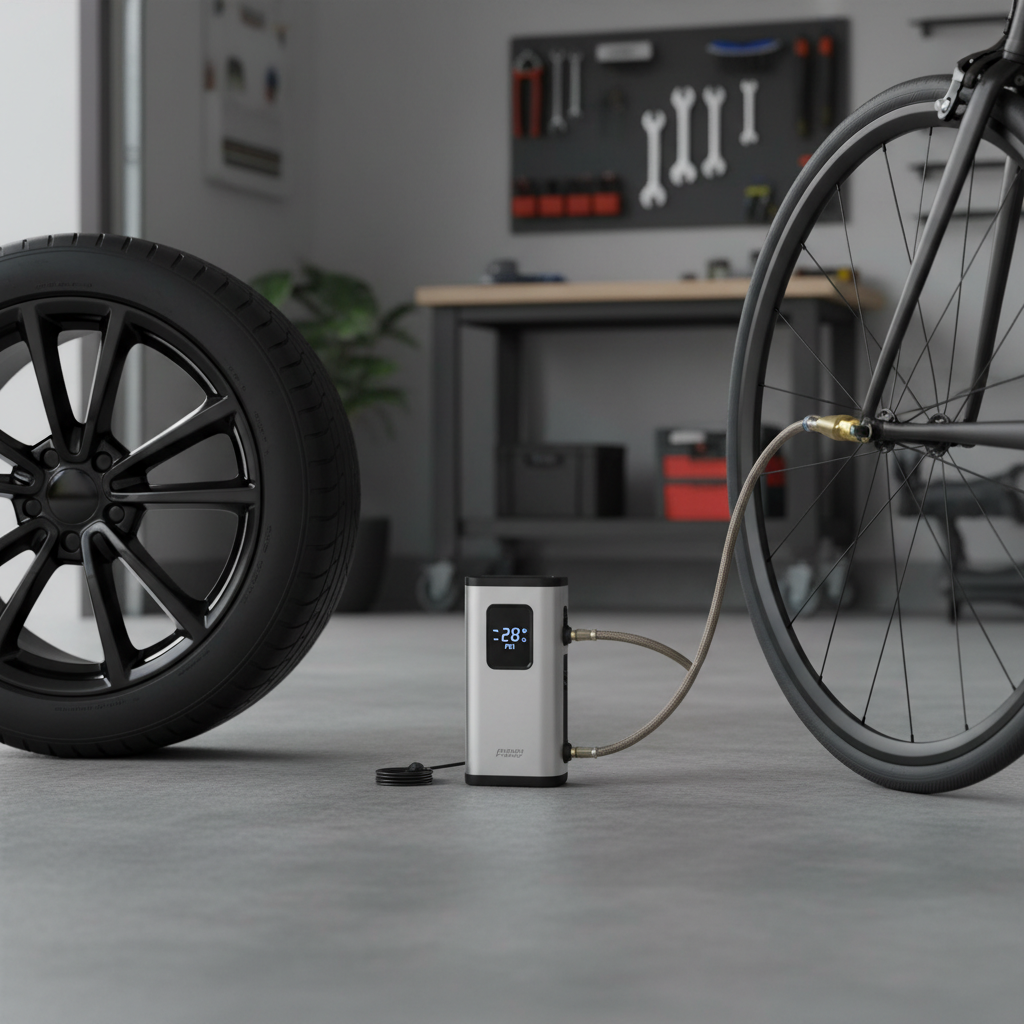 Portable tire inflator used on a car tire and a road bike tire