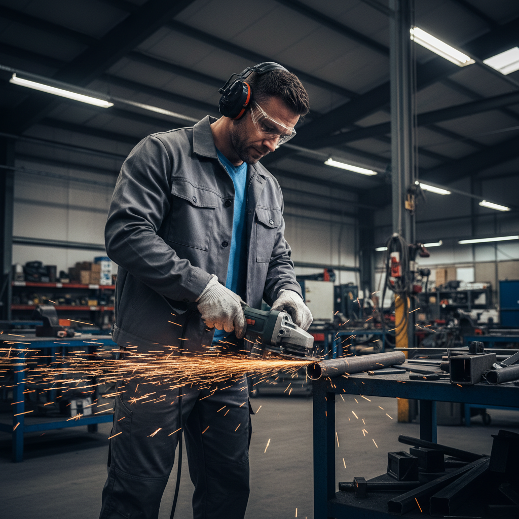 Contractor using a grinder with double hearing protection earplugs and earmuffs
