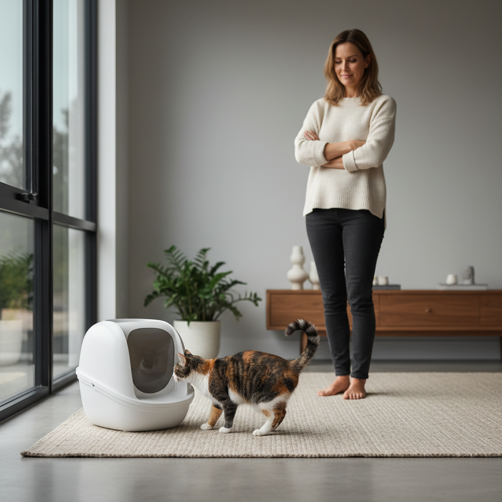 Cat near litter box at home while owner monitors diarrhea symptoms