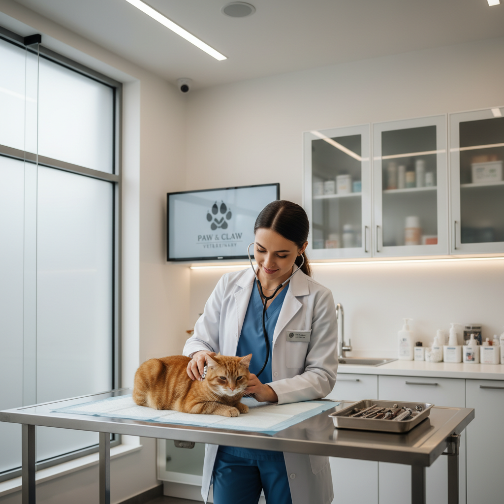 Veterinarian examining a cat with upper respiratory symptoms in a clinic