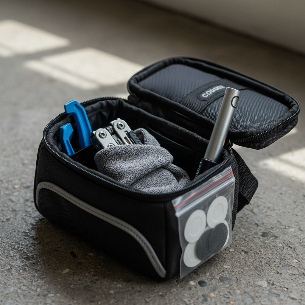 Organized bike saddle bag interior with tools in small zip bags to prevent rattling