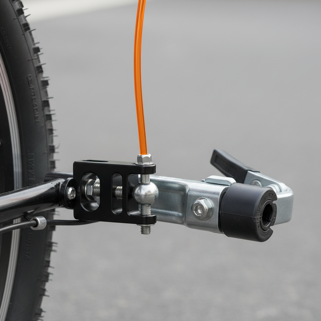 Close-up of bike flag mount hardware on rear axle and trailer hitch