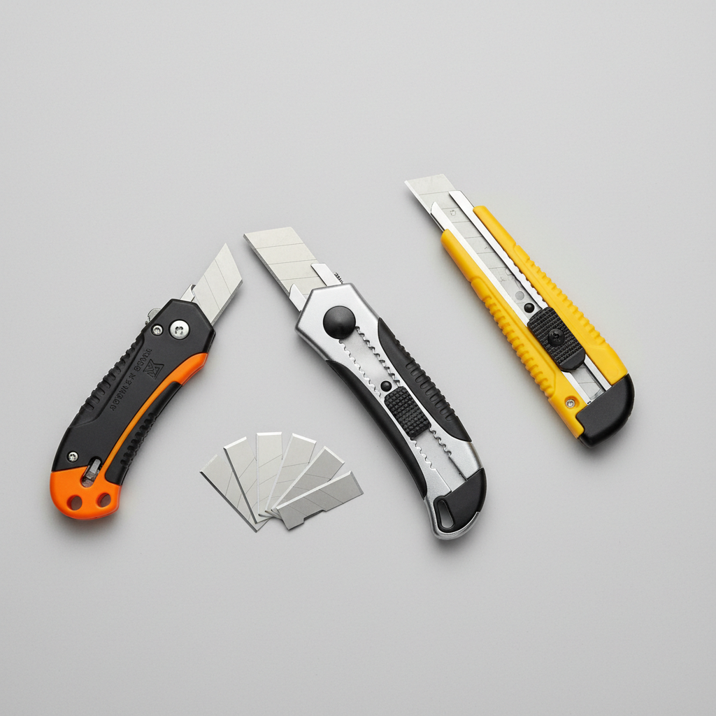 Different utility knife types laid out: retractable, folding, and safety box cutter on a clean table