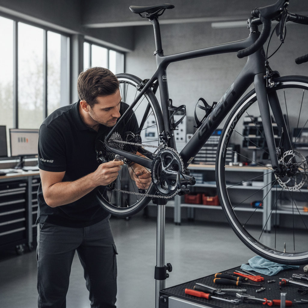 Mechanic adjusting rear derailleur while bike is secured on repair stand