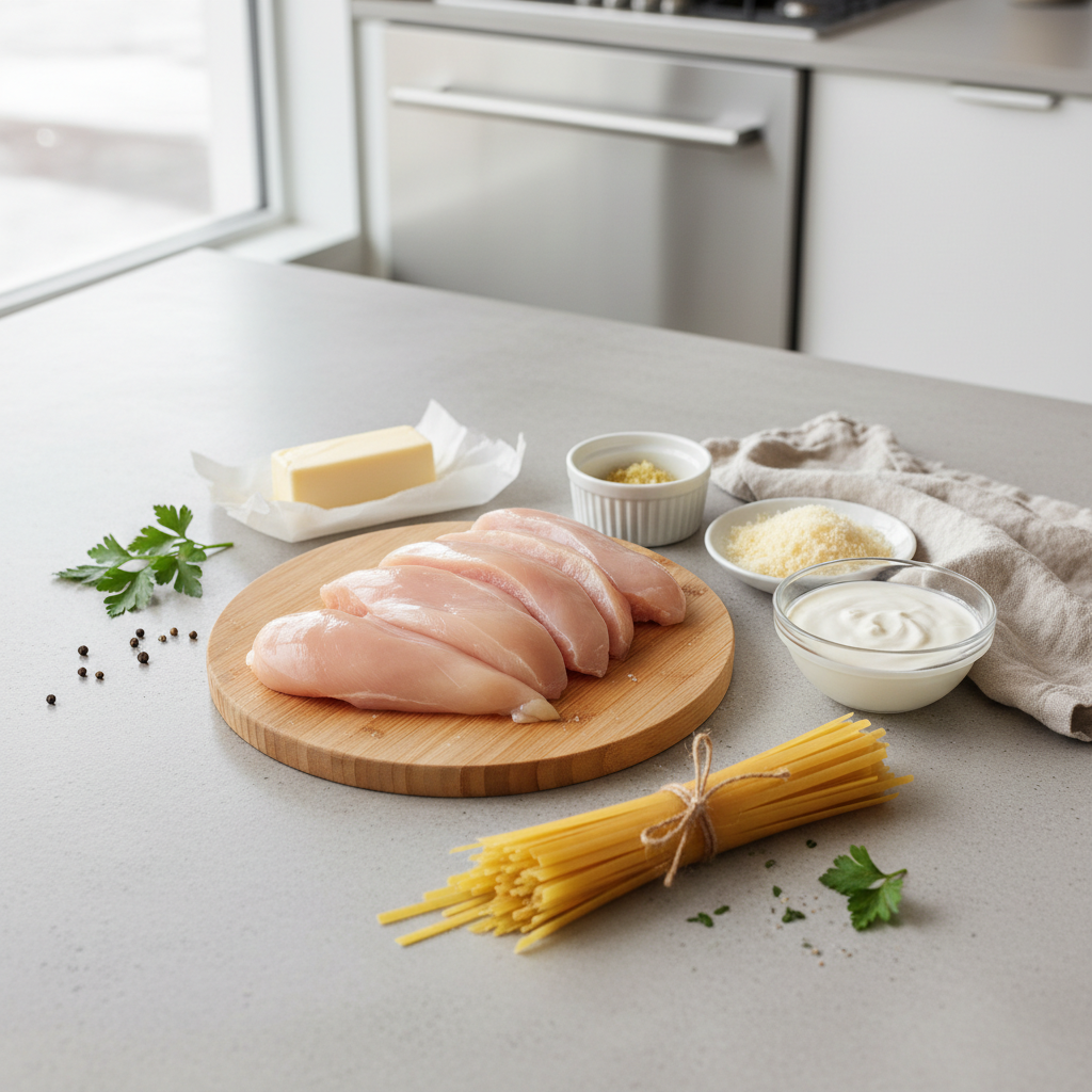 Chicken Alfredo ingredients prepped on a kitchen counter