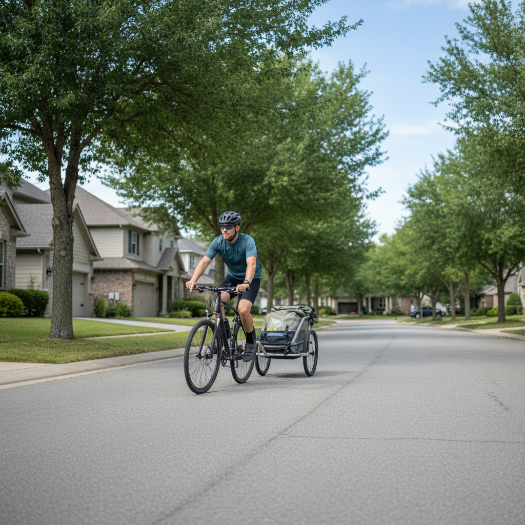 Cyclist making a wide turn with a bike cargo trailer on a neighborhood street
