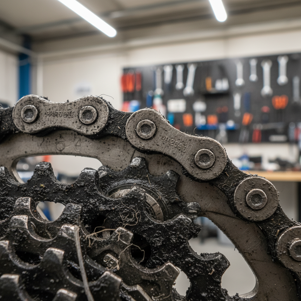 Close-up of a dirty bike chain with gritty grease buildup on rollers and plates