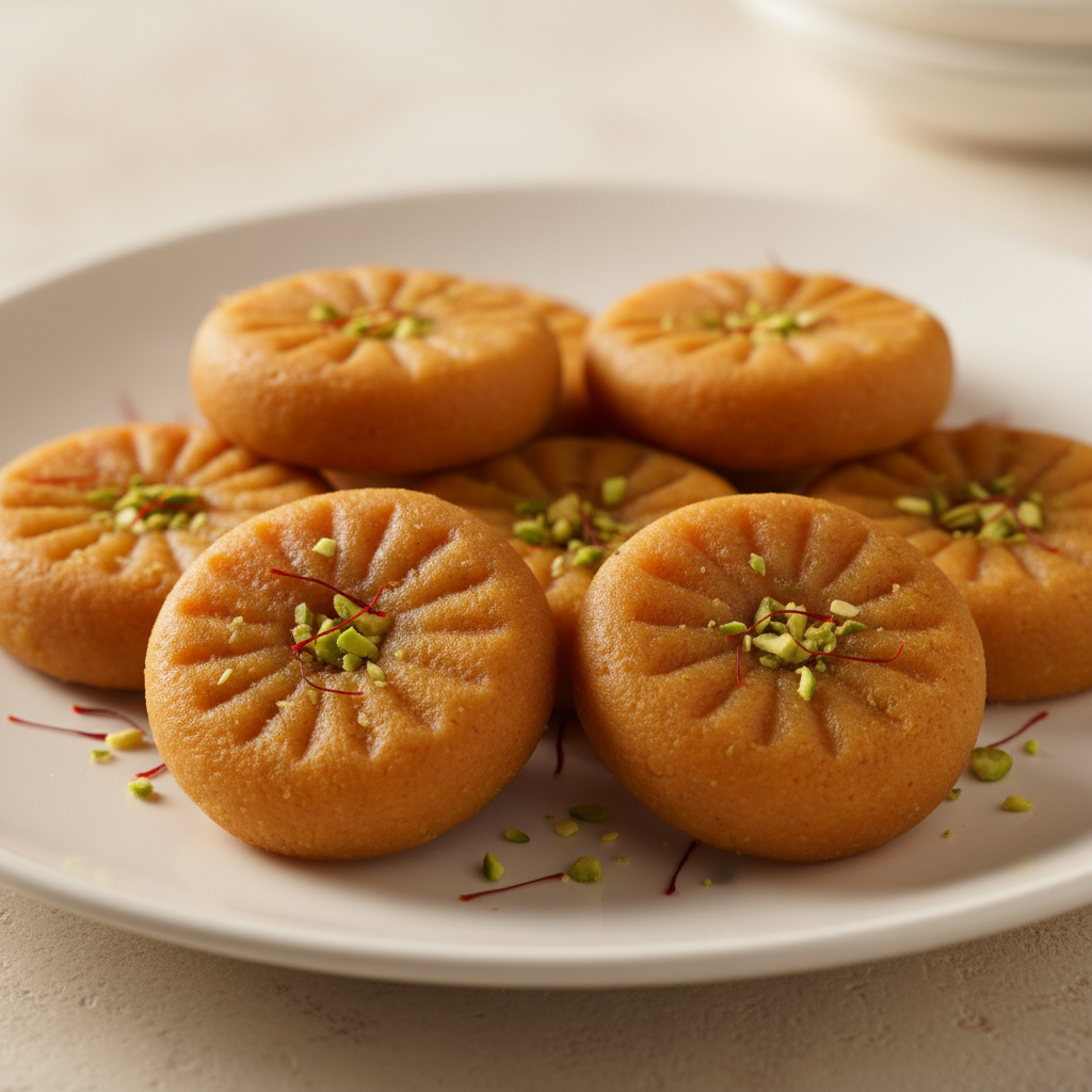 Finished mawa peda sweets garnished with pistachios on a serving plate