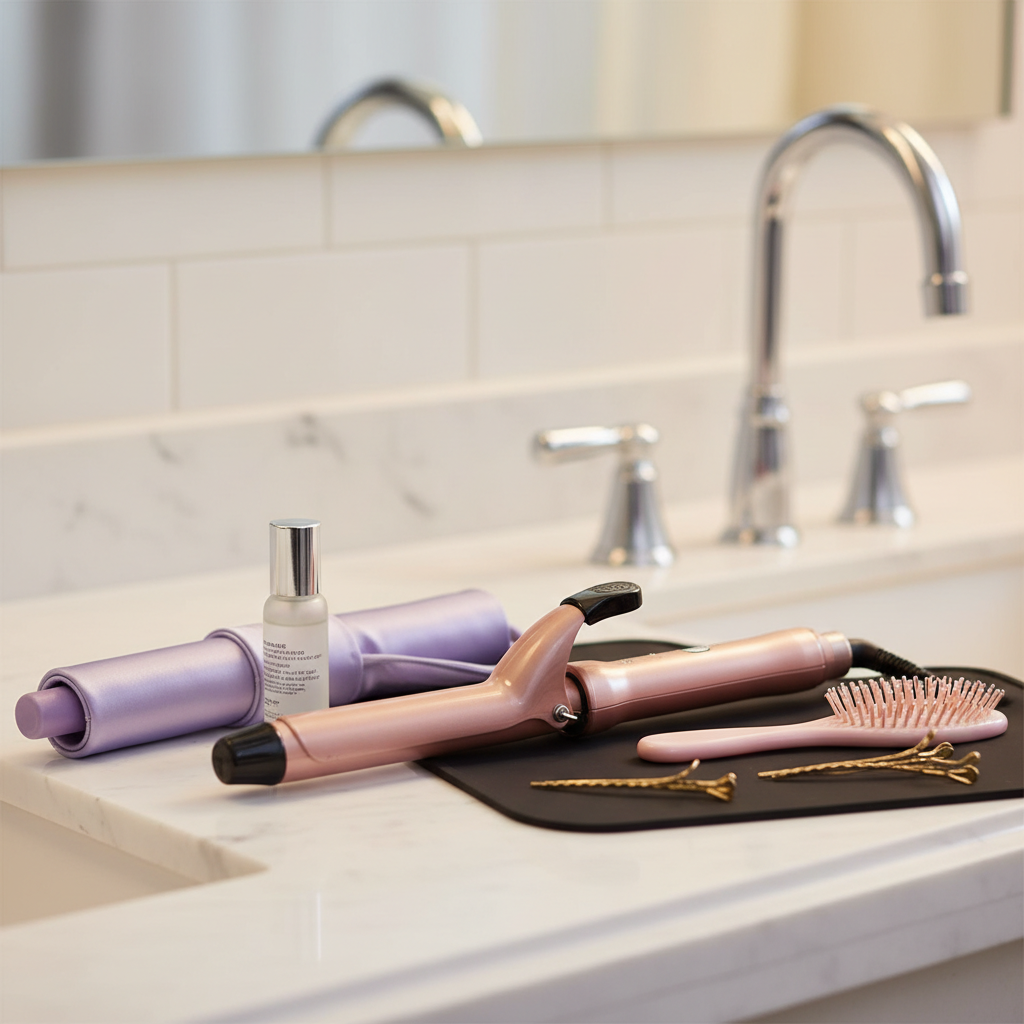 Travel-friendly hair curling tools laid out on a hotel bathroom counter