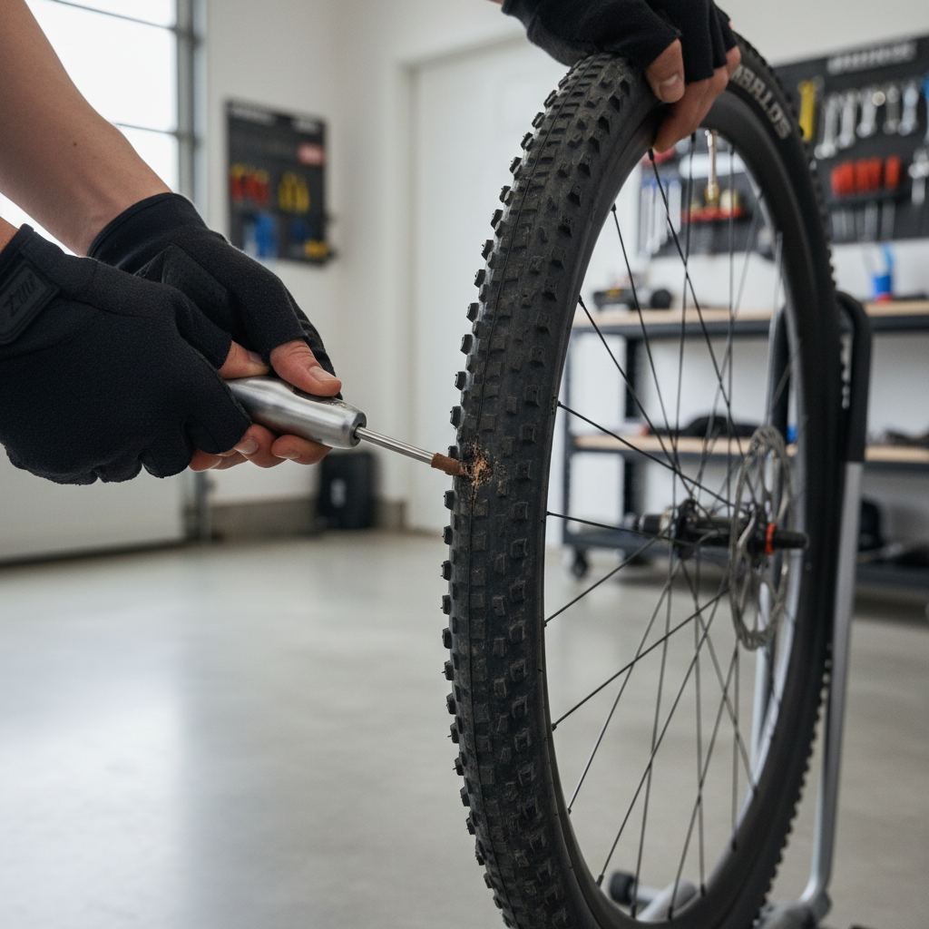 Using a tubeless plug tool to seal a puncture in a bike tire