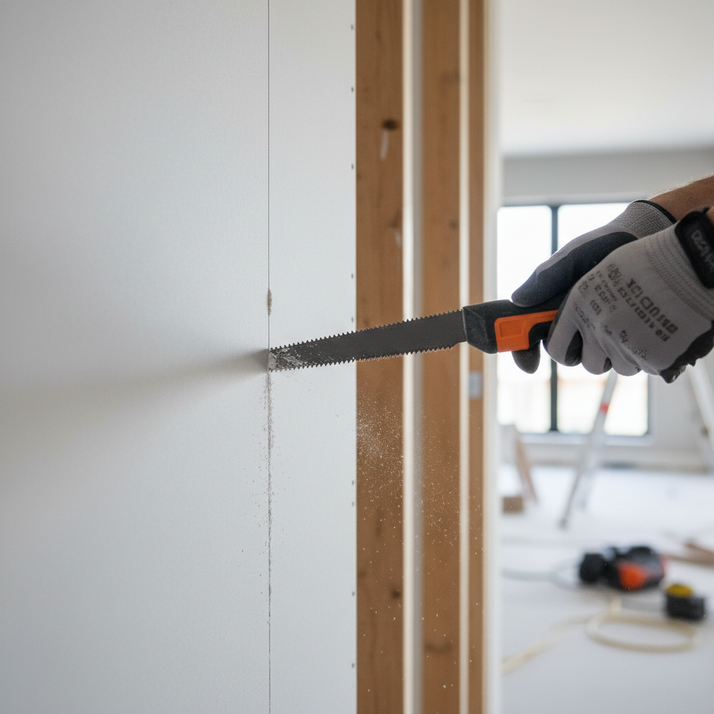 Drywall saw making a controlled wall cut between studs