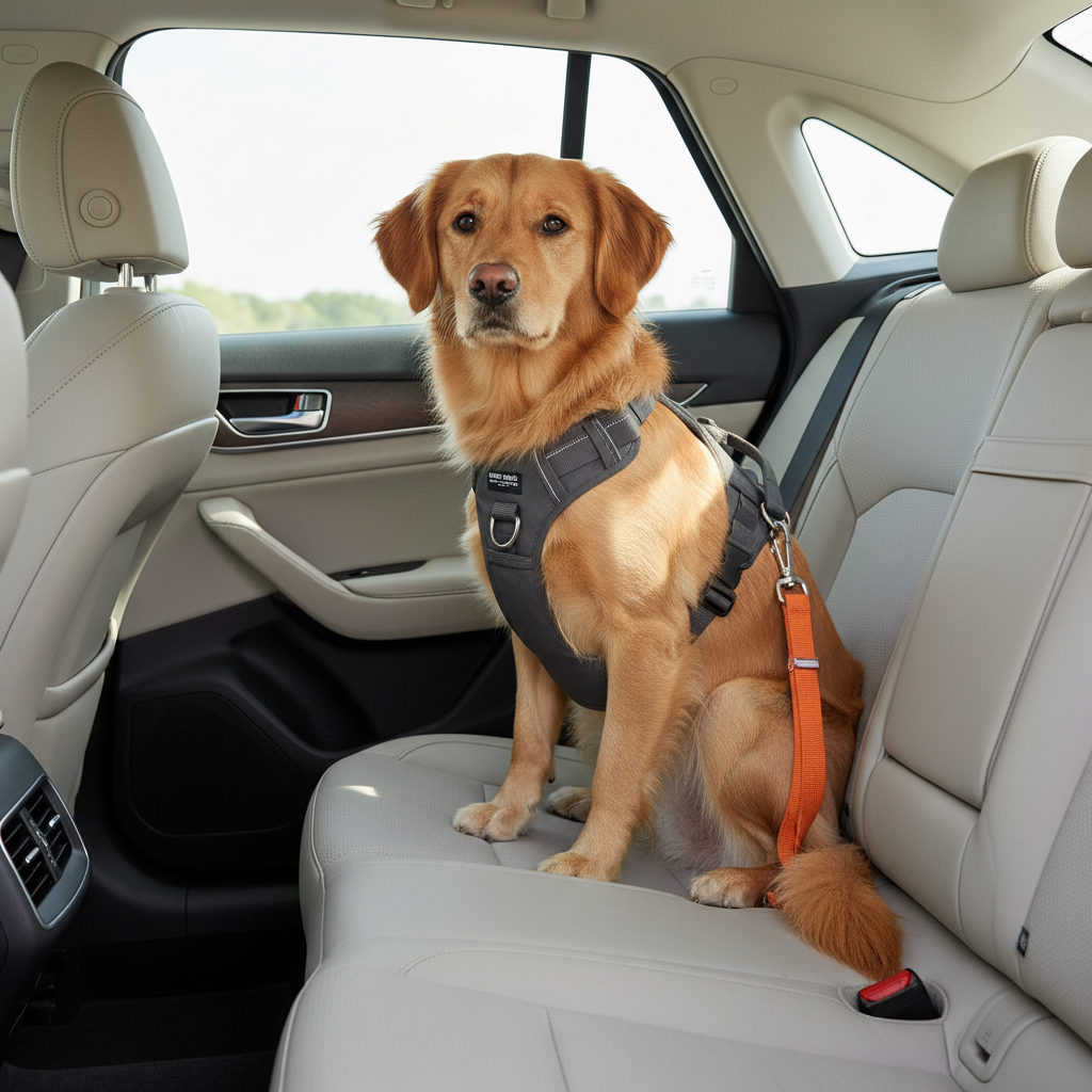 Dog secured in back seat with crash-tested harness and seat belt