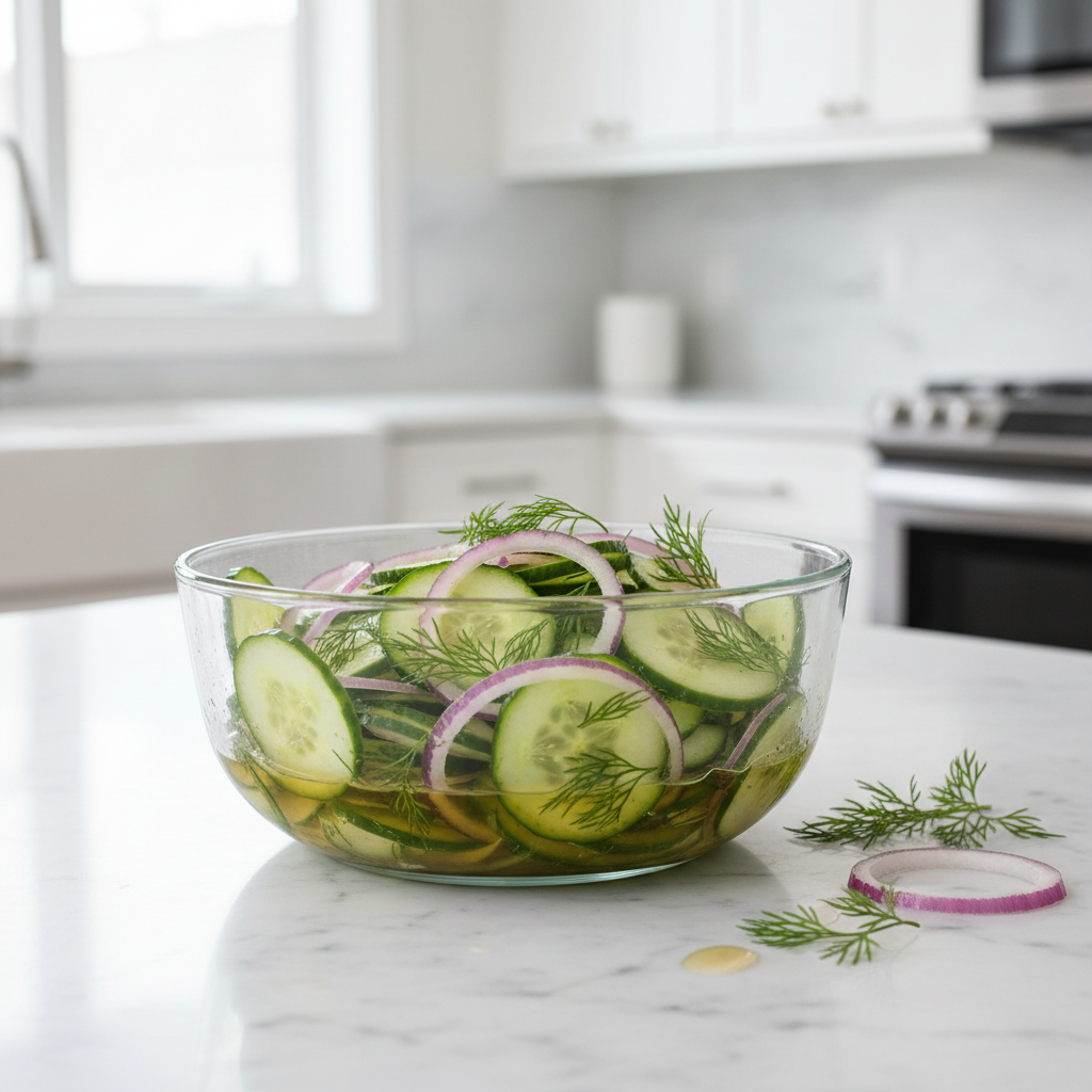 Cucumber salad with vinegar dressing in a glass bowl, crisp slices and fresh dill
