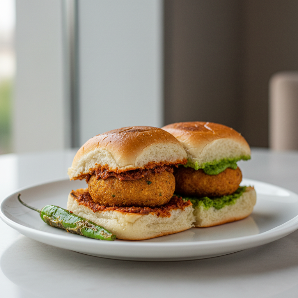 Assembled Mumbai vada pav with garlic chutney and toasted pav