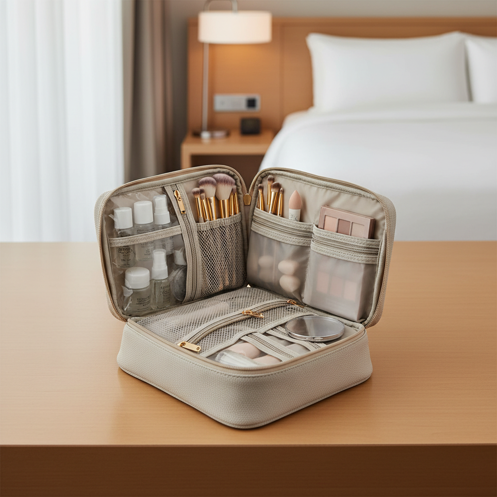 Organized travel makeup bag with compartments, brushes, and TSA-size bottles