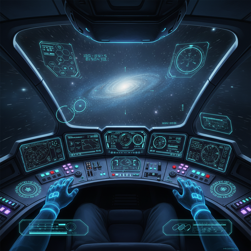VR cockpit game view with hands on virtual controls while seated