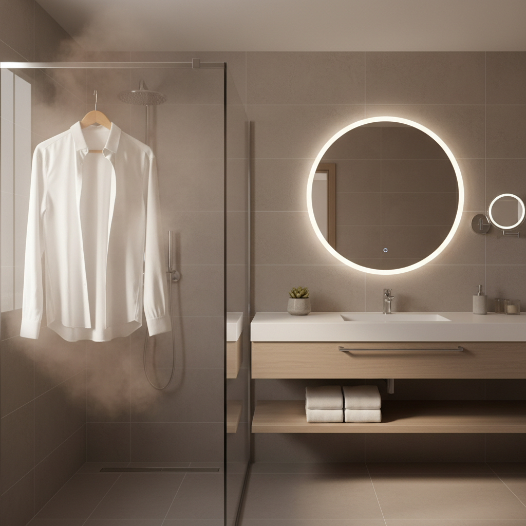 Travel setup using shower steam to de-wrinkle clothes on a hanger in a bathroom