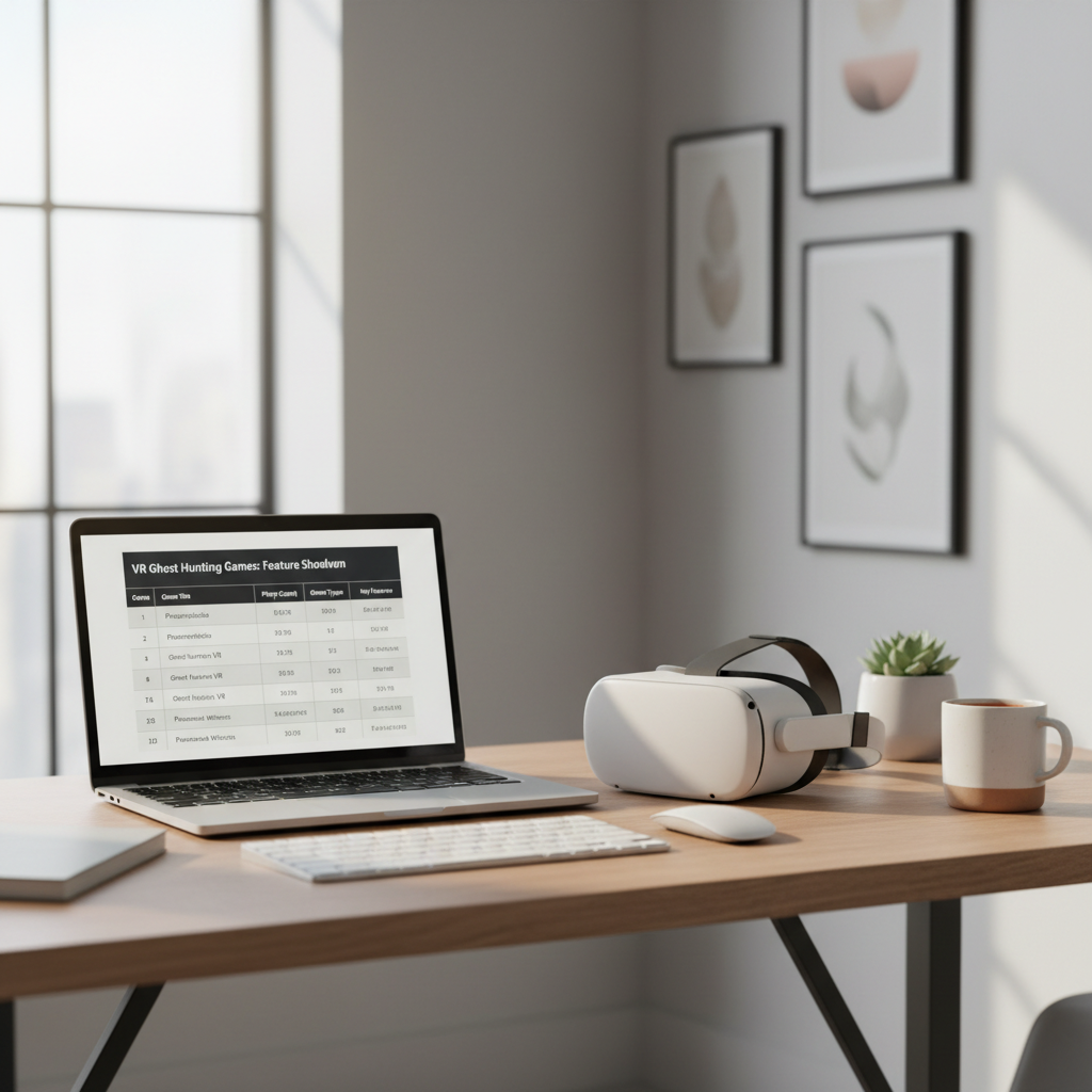 Comparison table view of VR ghost hunting games on a laptop next to a VR headset