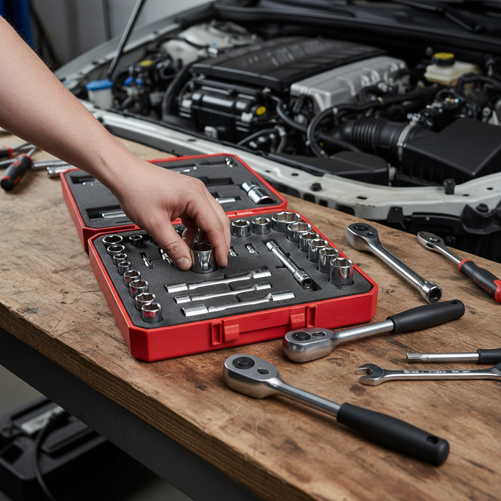Mechanic selecting sockets for automotive repair in a garage
