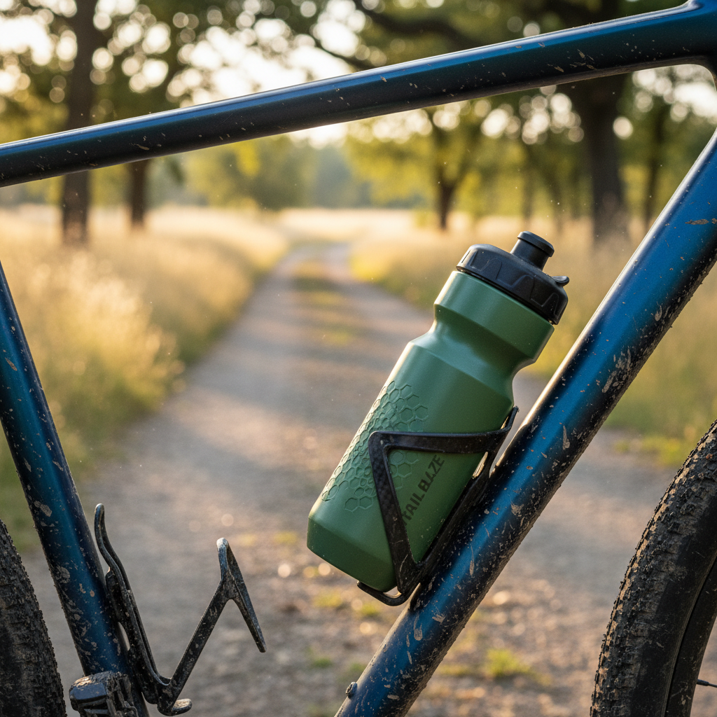 Close-up of bottle cage fit and secure insulated cycling bottle on gravel bike