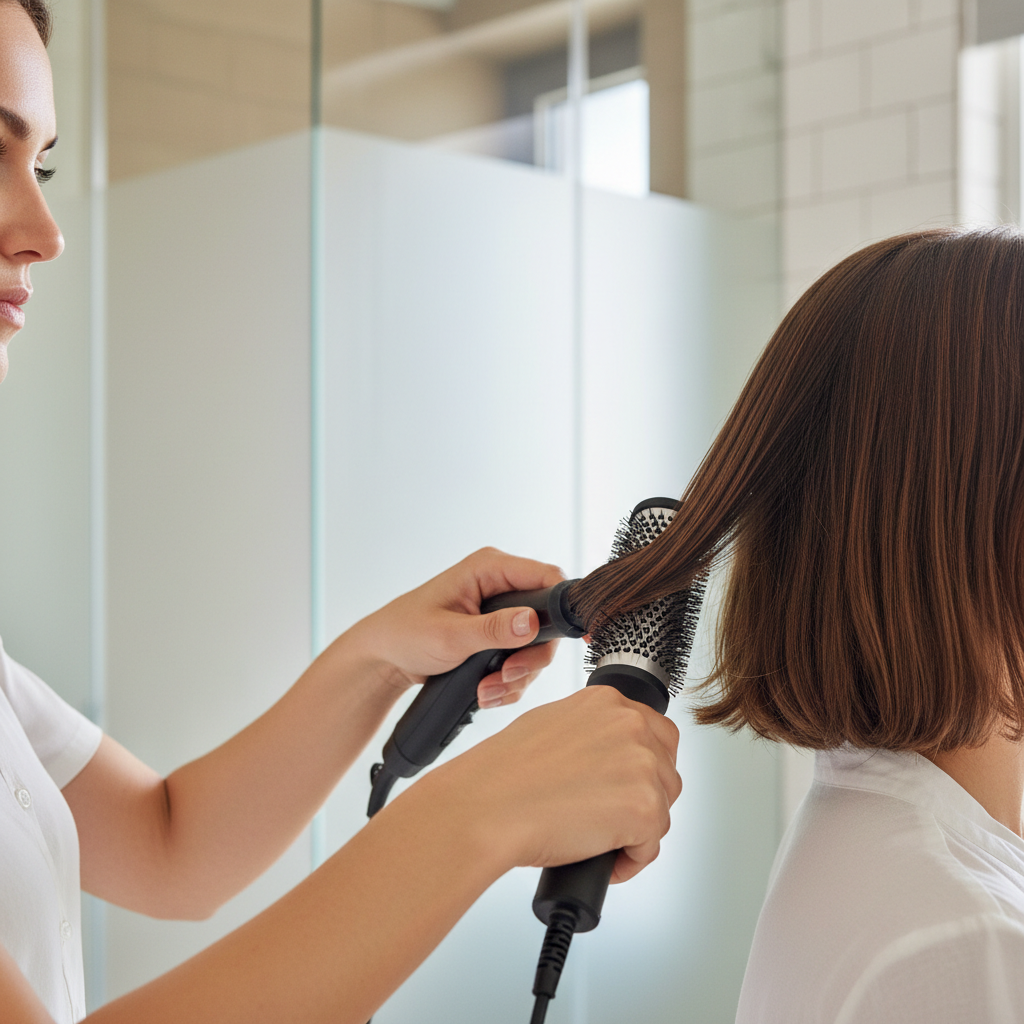 Short bob blow-dry technique with round brush for smooth ends