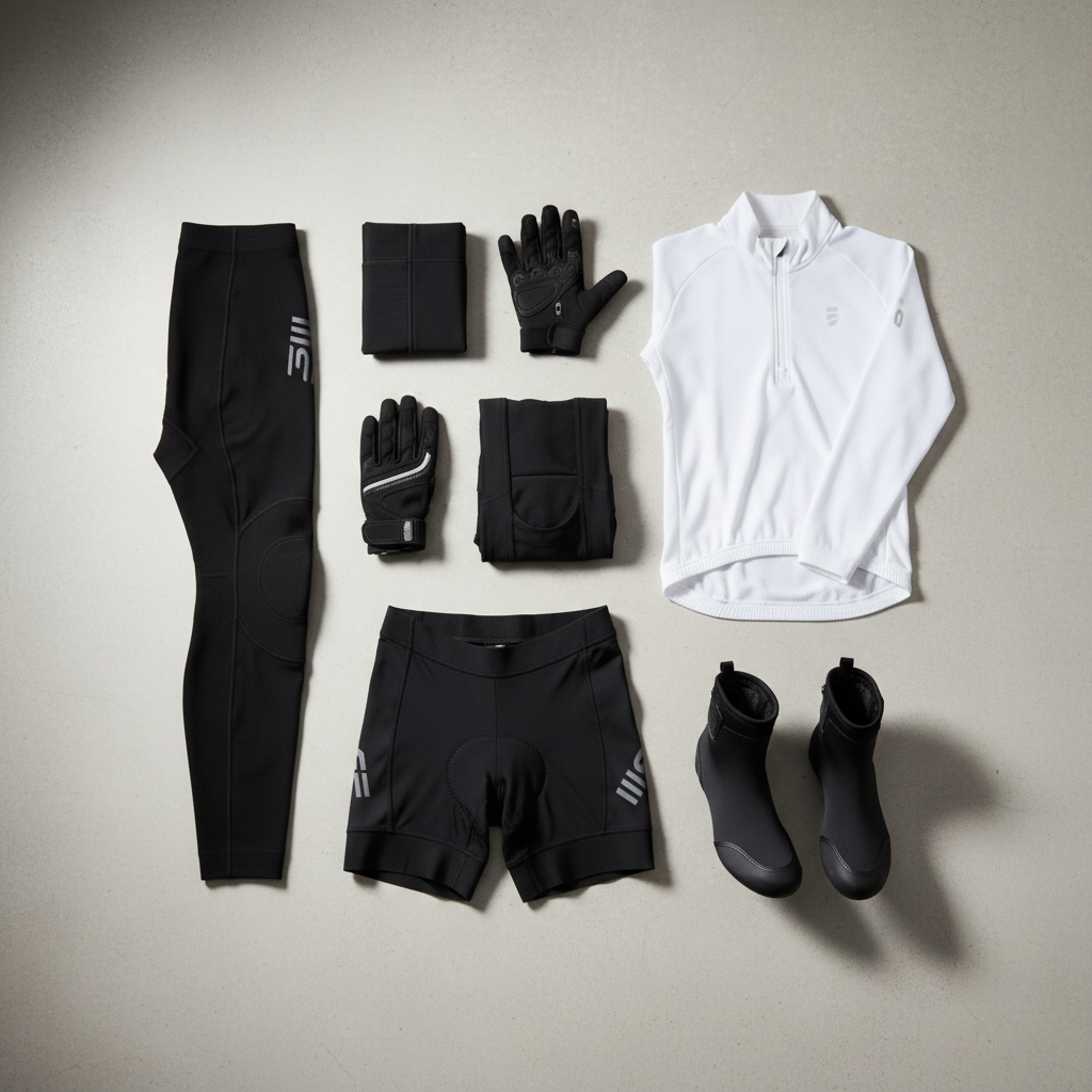 Winter cycling layering setup with leg warmers, bib shorts, and shoe covers
