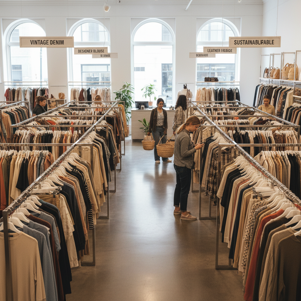 Thrift store clothing racks with organized sections and shoppers browsing