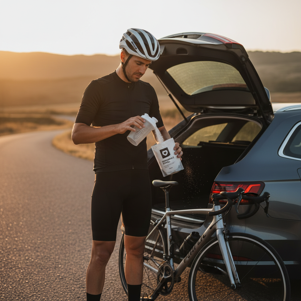Cyclist mixing a recovery drink powder after a ride
