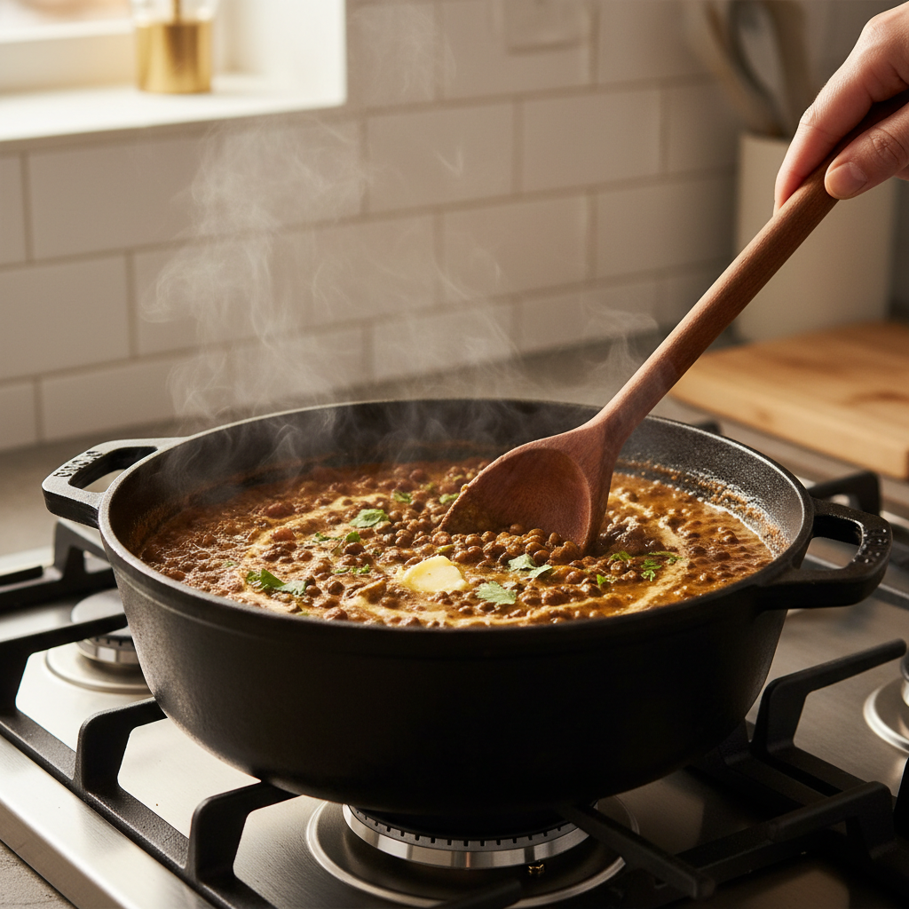 Dal makhani simmering in a pot with a wooden spoon stirring for creamy texture