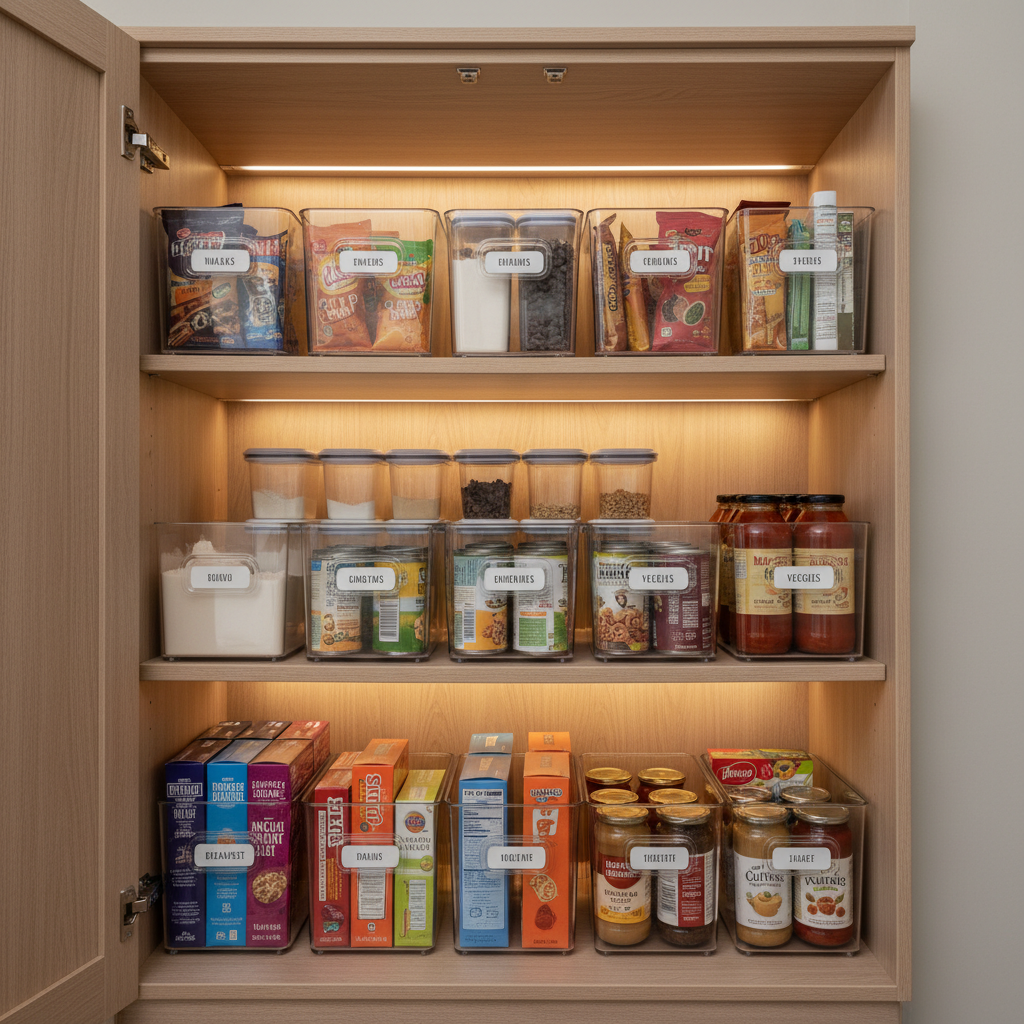 Pantry cabinet organized with labeled bins for snacks, baking, and canned goods in a small kitchen