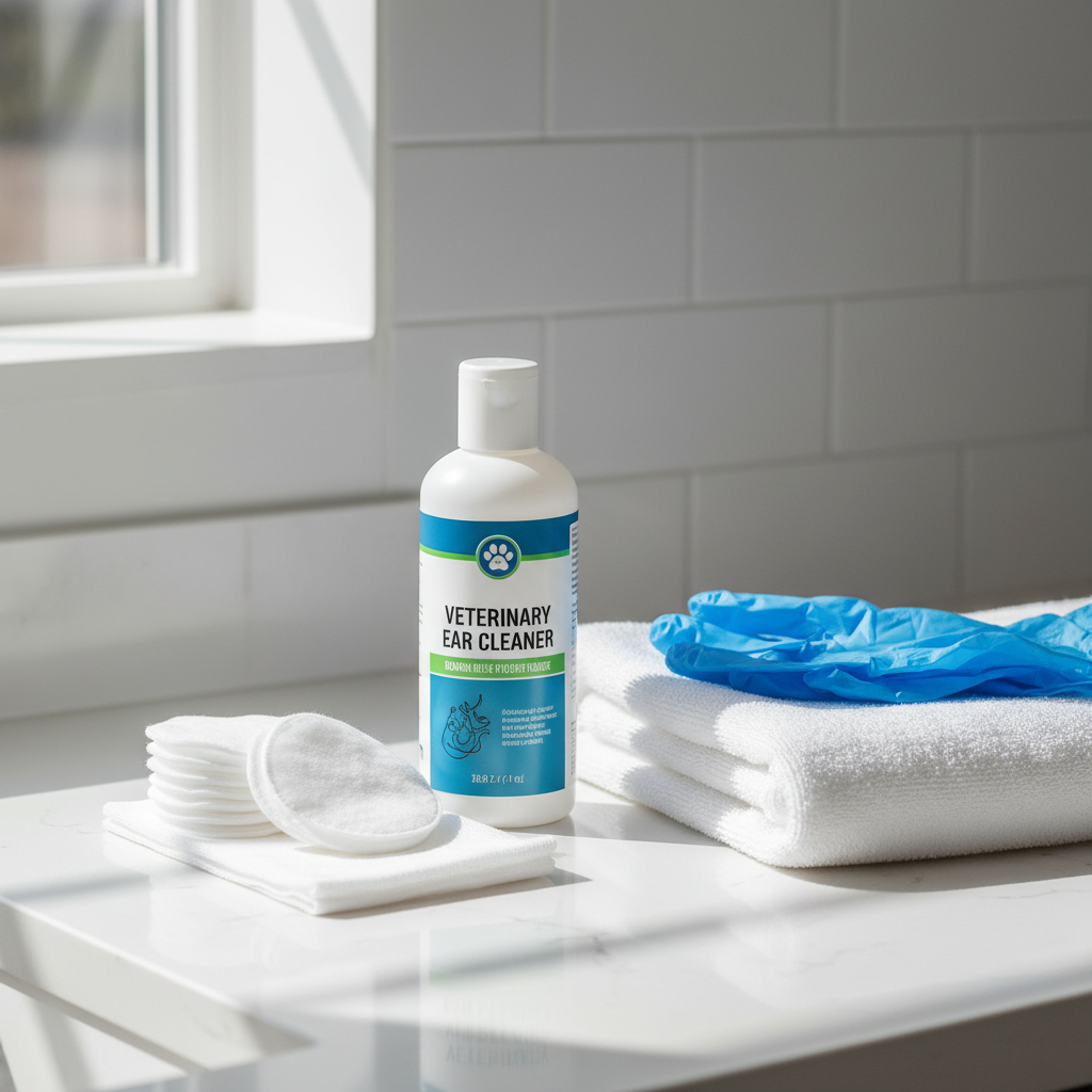 Cat ear cleaning supplies like vet ear cleaner and cotton pads on a clean surface