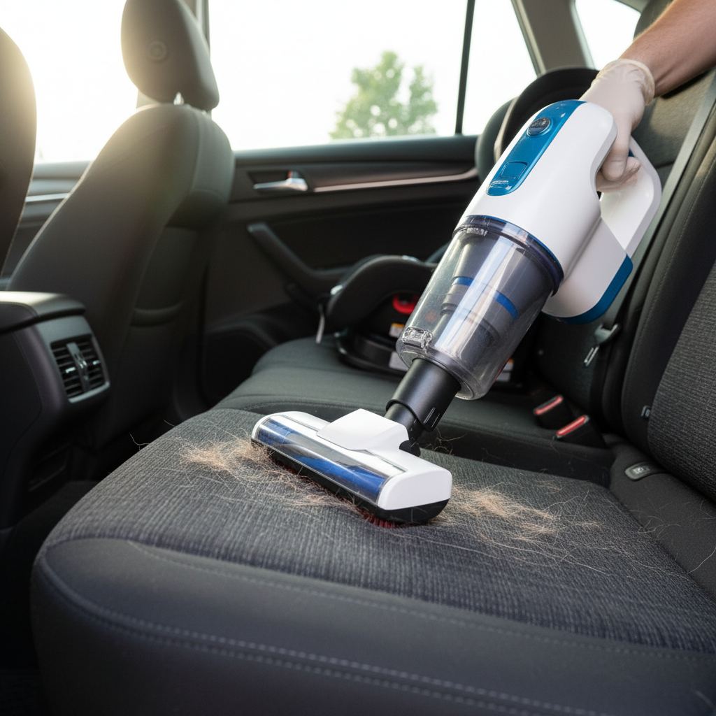 Cordless wet dry car vacuum used to clean pet hair from rear seat