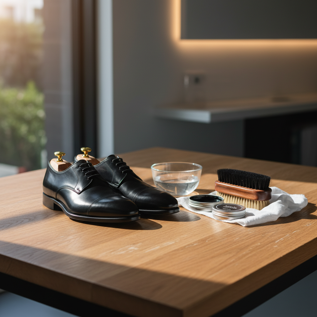 At-home leather shoe polishing setup with brush cloth and polish