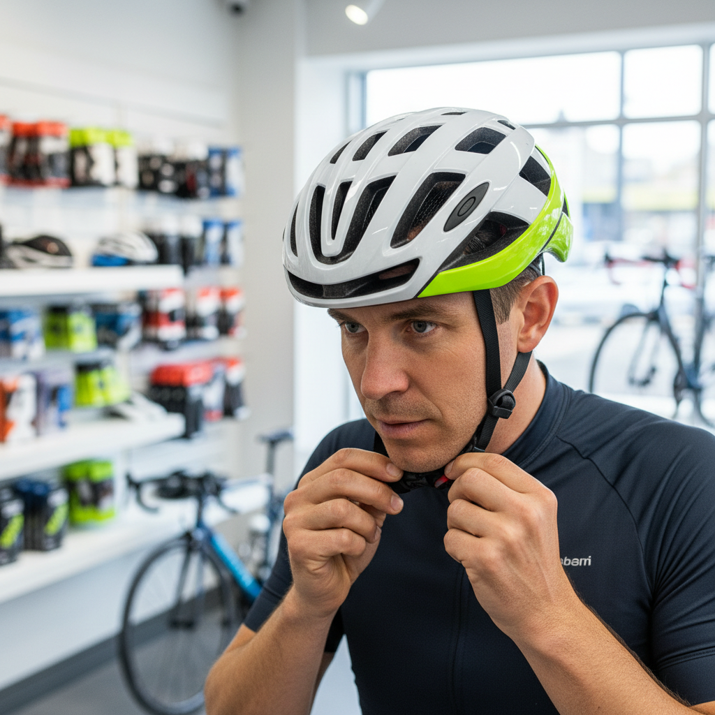 Adult cyclist trying on a bike helmet for proper fit and sizing
