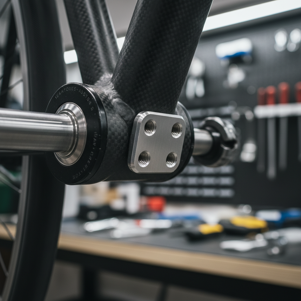 Close-up of bike frame mounting plate near bottom bracket for kickstand fit check