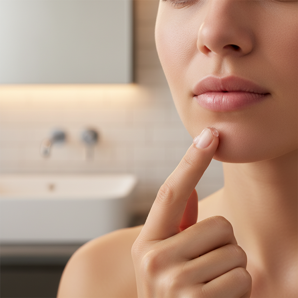 Applying fragrance-free occlusive ointment to chapped lips at night