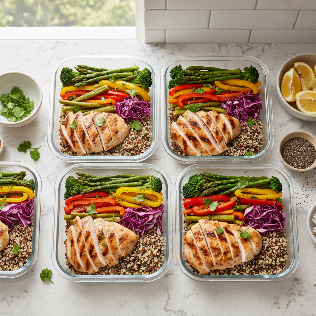 Healthy chicken breast meal prep bowls with colorful vegetables
