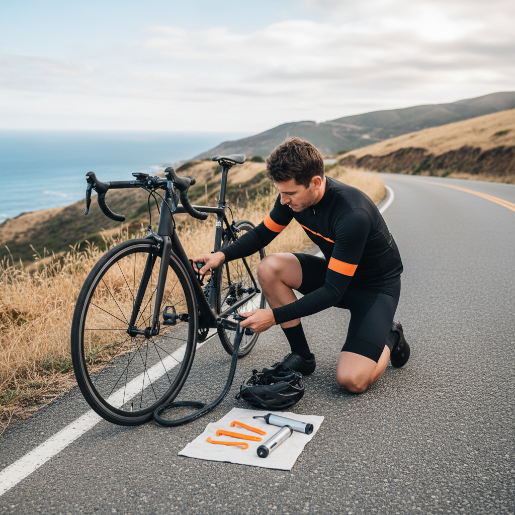 Cyclist changing a bike tube on the roadside with basic tools