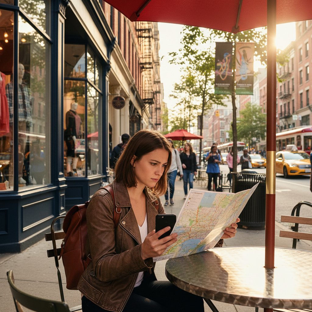 Traveler planning a walking route on a phone map in a city neighborhood