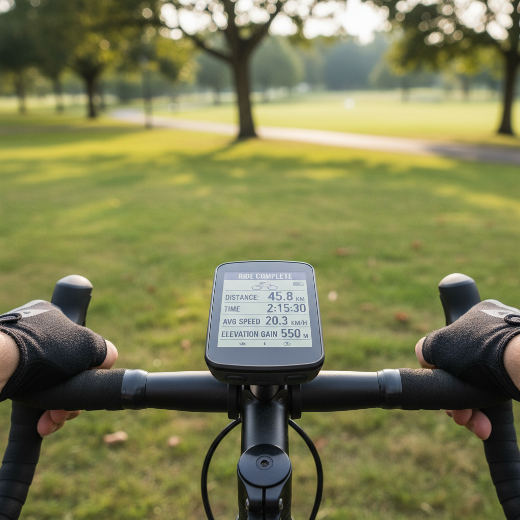 Bike computer ride summary screen after saving a ride